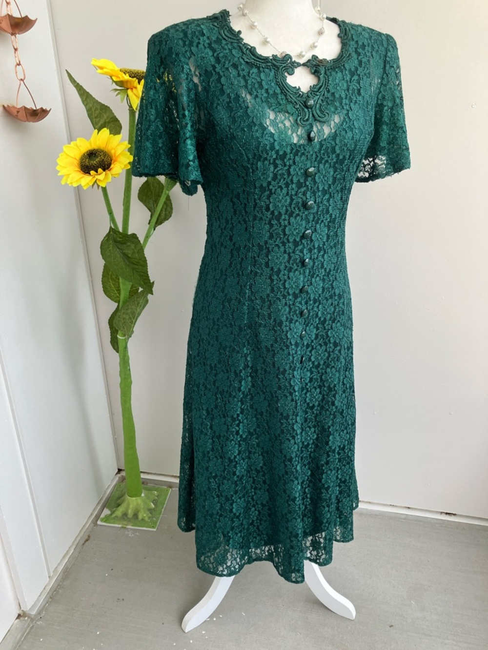 Vintage 80s 90s Emerald Green Short Sleeve Sheer Lace Midi Dress & Matching Slip